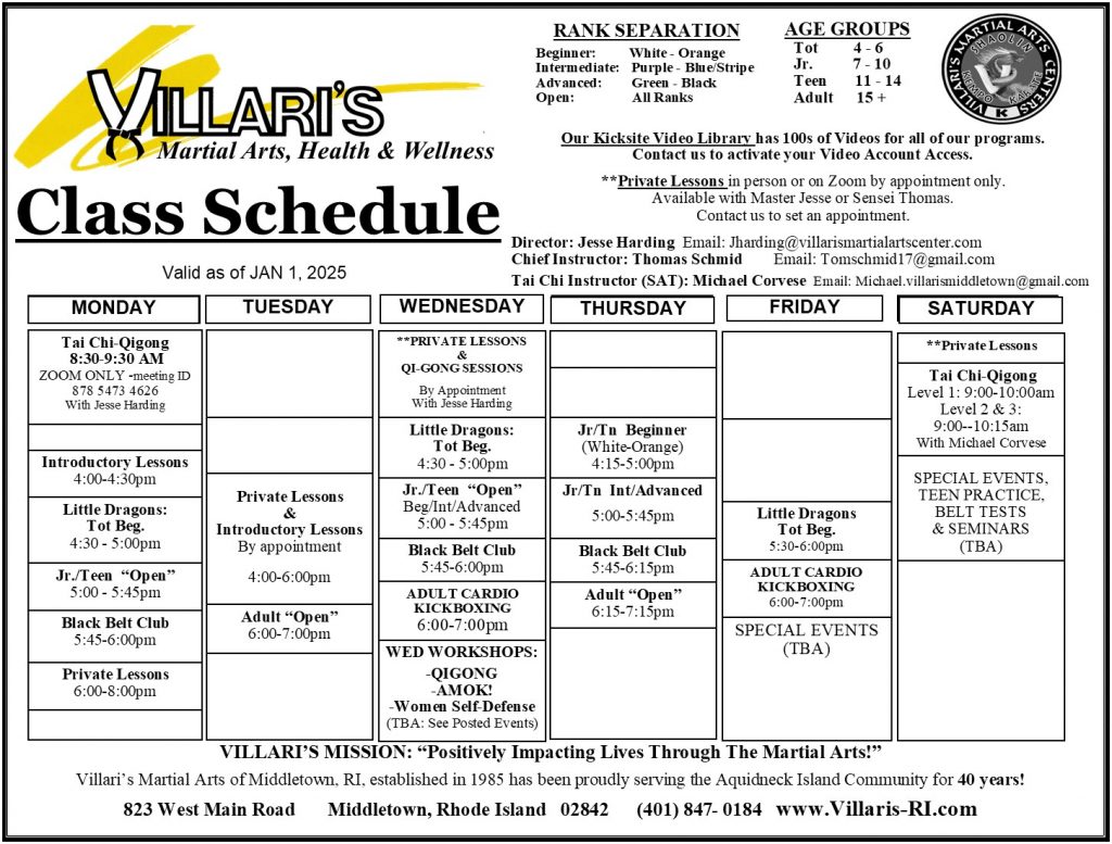 Villaris Martial Arts Middletown RI SCHEDULE 2025 www.villaris-ri.com