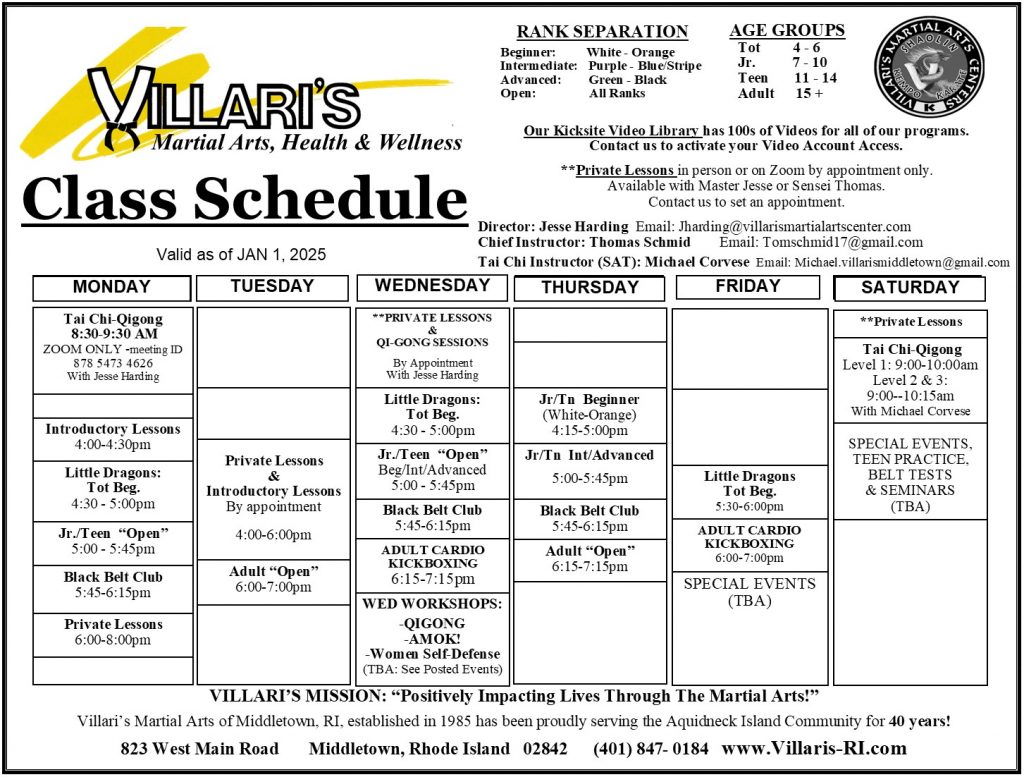 Villaris Martial Arts Middletown RI SCHEDULE 2025 www.villaris-ri.com