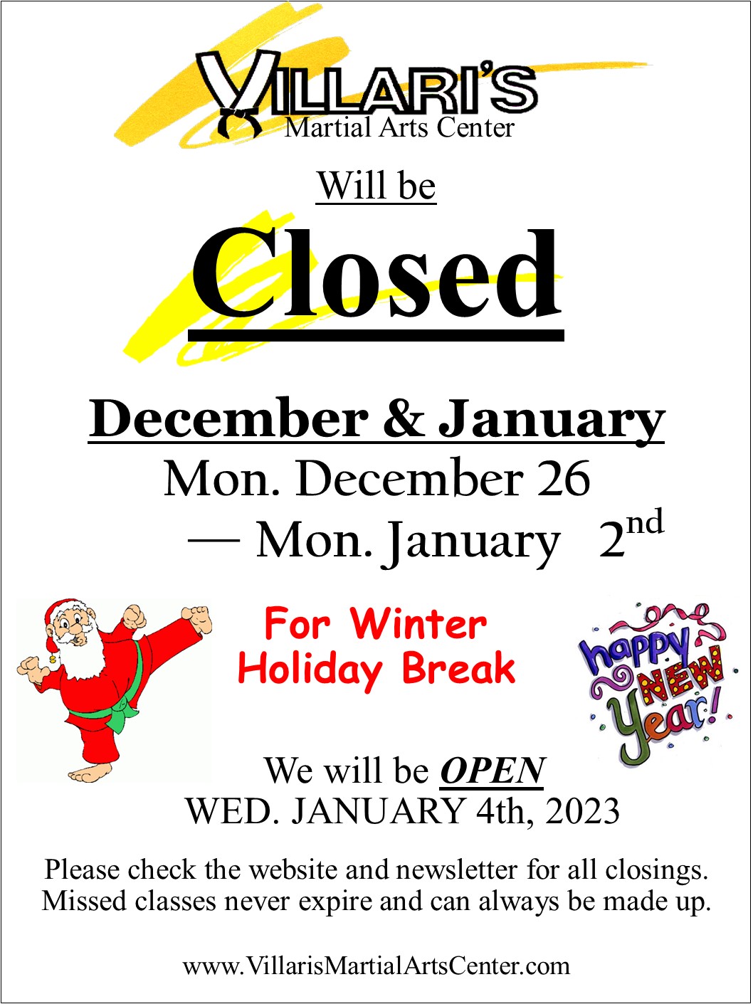 Winter Holiday Week Closing Villari's Feb Jan 2023