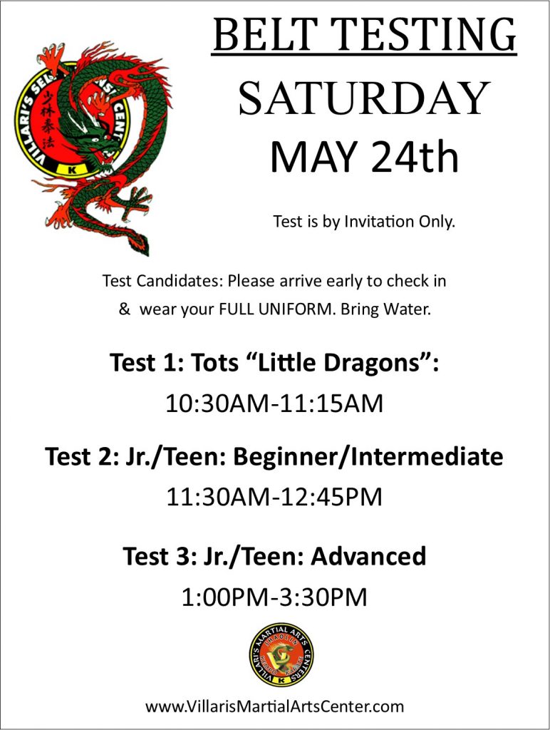 Belt Test Sign SAT MAY 24 2025 Villaris Martial Arts Middletown RI