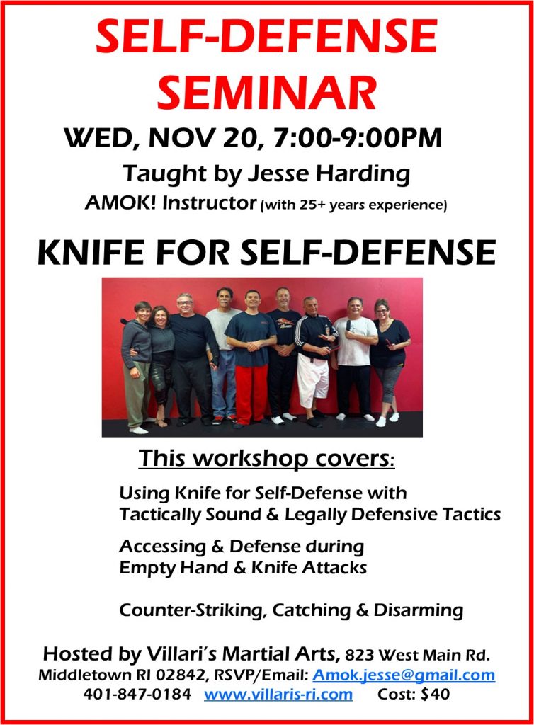 Knife Defense Seminar NOV 20 2024 7to9 Jesse Harding www.villaris-ri.com